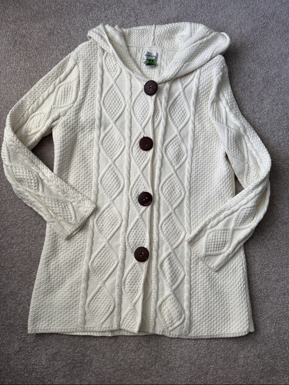Chico's Cream Hooded Cable-Knit Button Cardigan